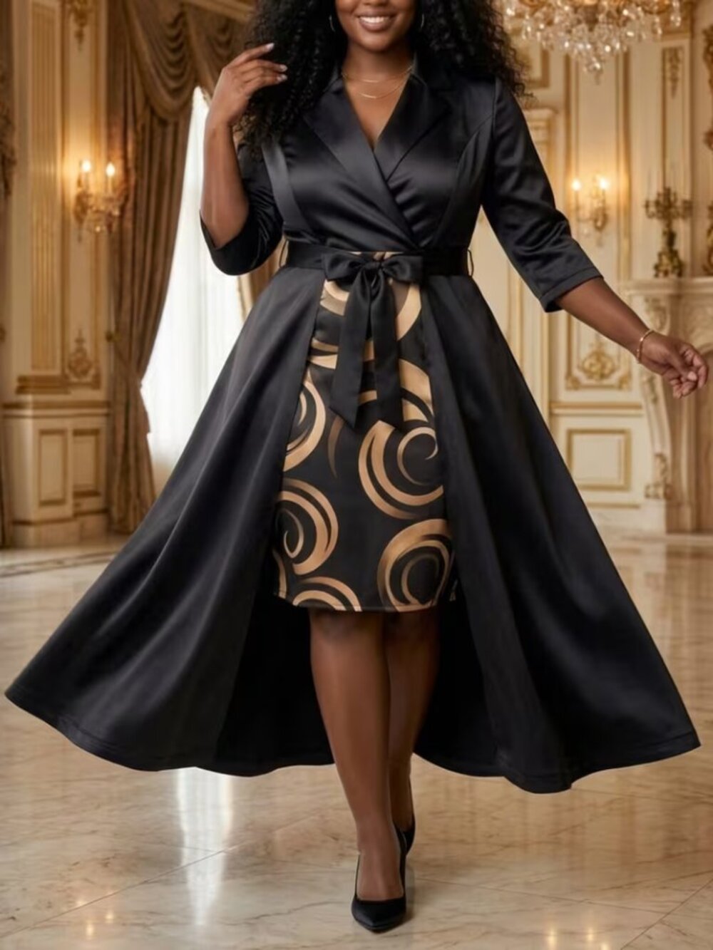 Elegant Flared Layer Geometric Print Stylish 3/4 Formal Dress